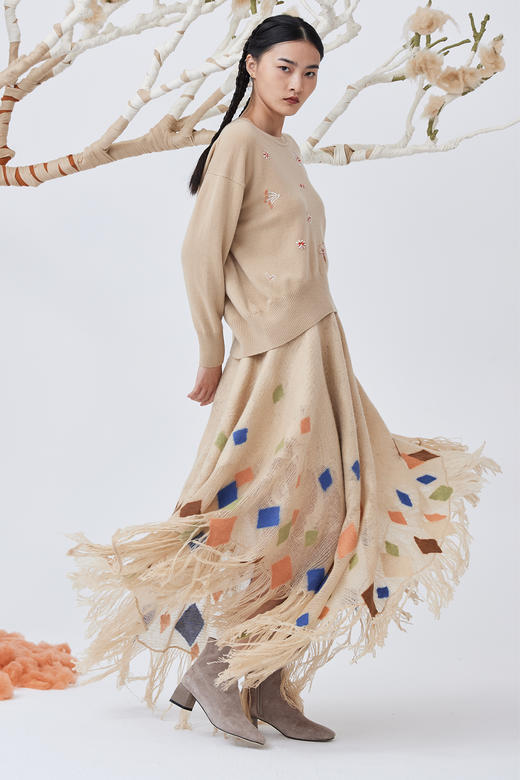  菱格手工毛毡羊绒针织半身裙 SJF93W347N 商品图2