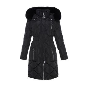 可拆式皮草领黑色收腰长羽绒服外套