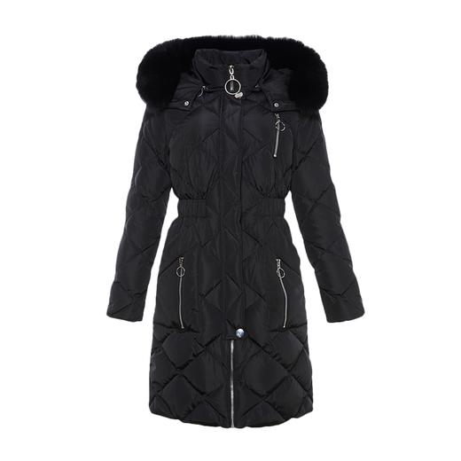 可拆式皮草领黑色收腰长羽绒服外套 商品图0
