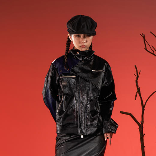 WHISTLEHUNTER(WSTHT)液态金属PU皮革外套解构多裁片拼接拉链夹克 商品图3