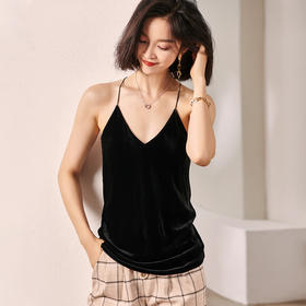 剩S/M 米思阳2024秋装新款小性感V领吊带衫修身内搭无袖丝绒背心女0226