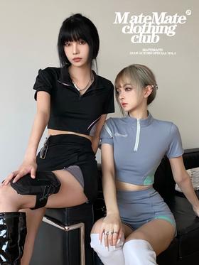 MATEMATE原创辣妹亚妹两色高弹拼接运动面料特工上衣裙裤运动套装