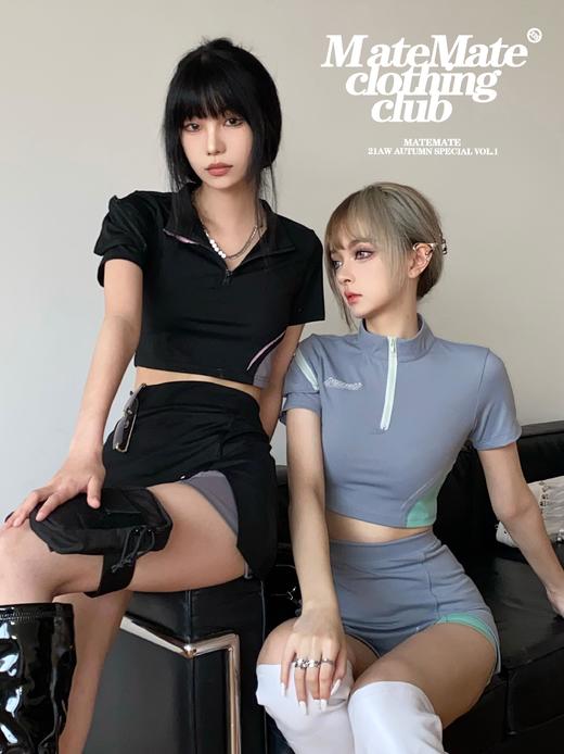 MATEMATE原创辣妹亚妹两色高弹拼接运动面料特工上衣裙裤运动套装 商品图0