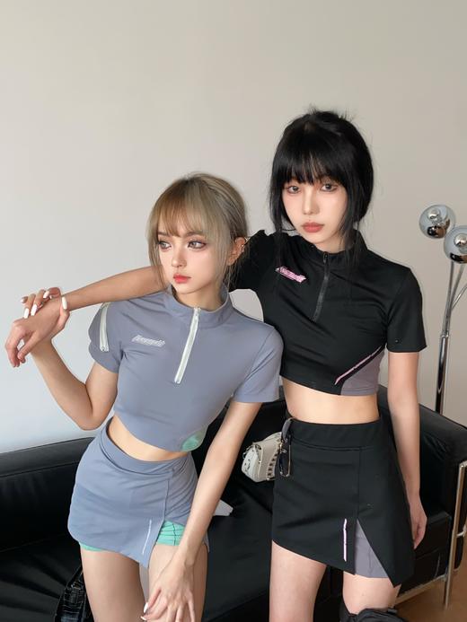 MATEMATE原创辣妹亚妹两色高弹拼接运动面料特工上衣裙裤运动套装 商品图1