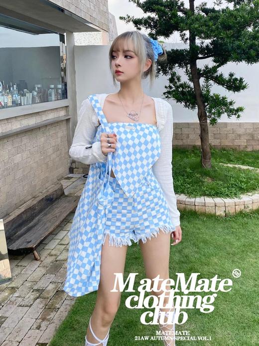 MATEMATE原创天空蓝拼牛奶白格子牛仔布方巾裹胸短裤套装 商品图2