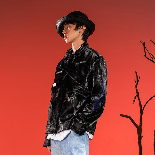 WHISTLEHUNTER(WSTHT)液态金属PU皮革外套解构多裁片拼接拉链夹克 商品图2