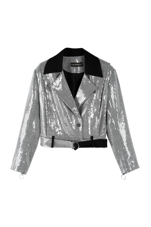 亮片千鸟格宽肩短夹克 商品图0