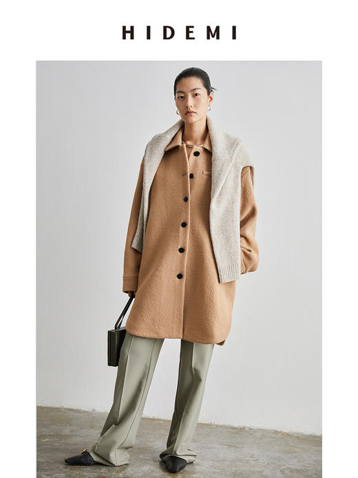 HIDEMI 简约设计感廓形纽扣小翻领厚羊毛大衣 商品图1