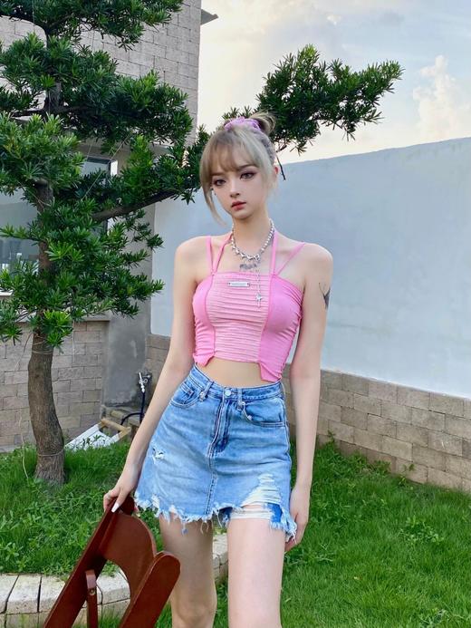 MATEMATE原创夏日度假少女多色拼接挂脖不规则下摆背心小吊带 商品图1