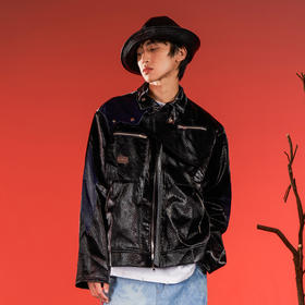 WHISTLEHUNTER(WSTHT)液态金属PU皮革外套解构多裁片拼接拉链夹克