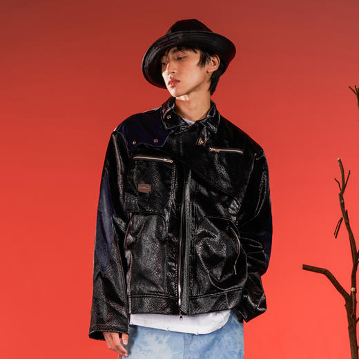 WHISTLEHUNTER(WSTHT)液态金属PU皮革外套解构多裁片拼接拉链夹克 商品图0