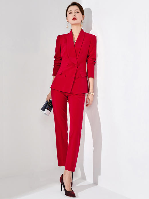西装套装女春秋正装时尚洋气质高端职业套装上班工作服红色主持人 商品图0