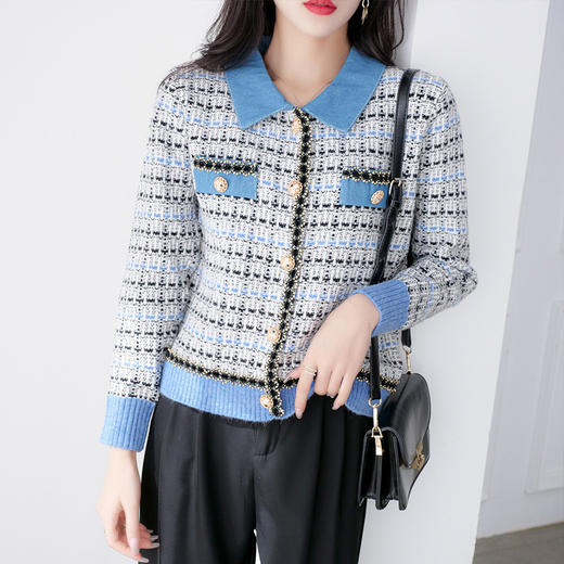 【服饰鞋包】时尚复古风牛仔拼接毛衣外套秋冬季新款女装撞色宽松针织开衫 商品图2