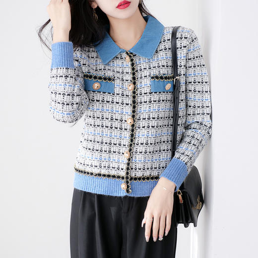 【服饰鞋包】时尚复古风牛仔拼接毛衣外套秋冬季新款女装撞色宽松针织开衫 商品图0