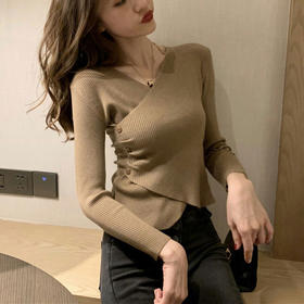 2021年秋季新款性感女装V领交叉修身长袖打底针织衫T恤毛衣上衣冬爆款