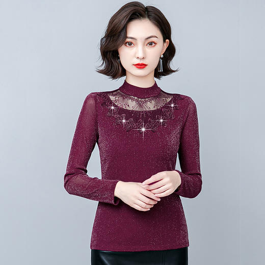 新款时尚网纱烫钻打底衫纯色修身显瘦打底衫 KQL-E249N1696 商品图4