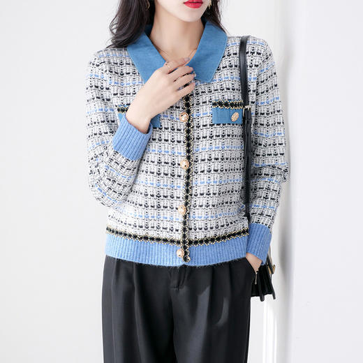 【服饰鞋包】时尚复古风牛仔拼接毛衣外套秋冬季新款女装撞色宽松针织开衫 商品图3