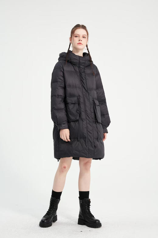 水淼2021冬新品显瘦保暖连帽中长款羽绒服3296