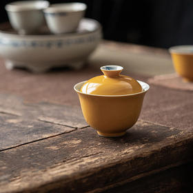 束刻/拓黄/福灵盖碗/手绘竹 135ml 直径8.5cm 高7cm  黄色原矿釉陶瓷手绘隐竹仿古泡茶碗文人手绘杯两才