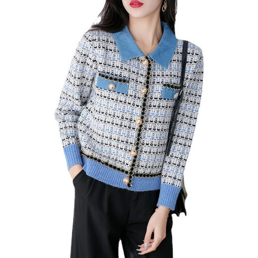 【服饰鞋包】时尚复古风牛仔拼接毛衣外套秋冬季新款女装撞色宽松针织开衫 商品图4