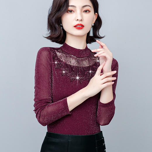 新款时尚网纱烫钻打底衫纯色修身显瘦打底衫 KQL-E249N1696 商品图2