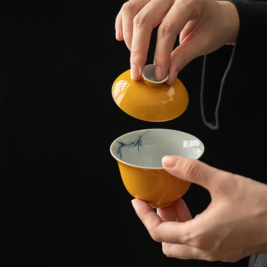 束刻/拓黄/福灵盖碗/手绘竹 135ml 直径8.5cm 高7cm  黄色原矿釉陶瓷手绘隐竹仿古泡茶碗文人手绘杯两才 商品图3