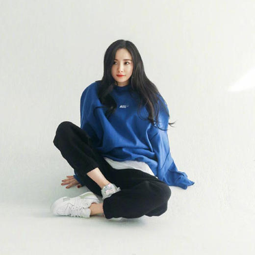 杨幂同款宝蓝色圆领卫衣女宽松中长款bf慵懒风长袖重工上衣潮 商品图1