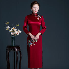 上海旗袍厂LHS-2053长袖旗袍新款婚庆婚宴妈妈装礼服长款刺绣旗袍裙大码修身礼服