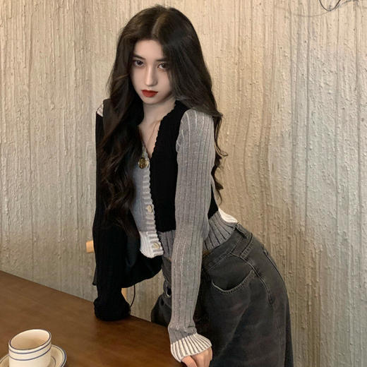 针织衫短款外套秋季2021年新款女气质时尚韩版拼色V领毛衣小开衫 商品图1