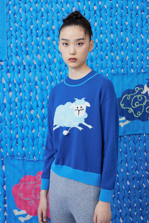 卡通小羊手工绣花羊绒女套衫 SJF93W381N 商品图0