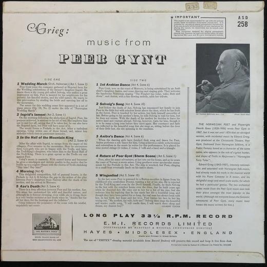 LP黑胶唱片 格里格《为<培尔·金特>作的曲》 皇家爱乐乐团 汤玛斯·比彻姆爵士指挥 比查姆合唱团 女高音：伊尔斯·霍尔韦格 商品图1