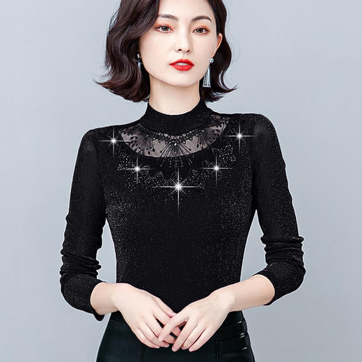 新款时尚网纱烫钻打底衫纯色修身显瘦打底衫 KQL-E249N1696 商品图3