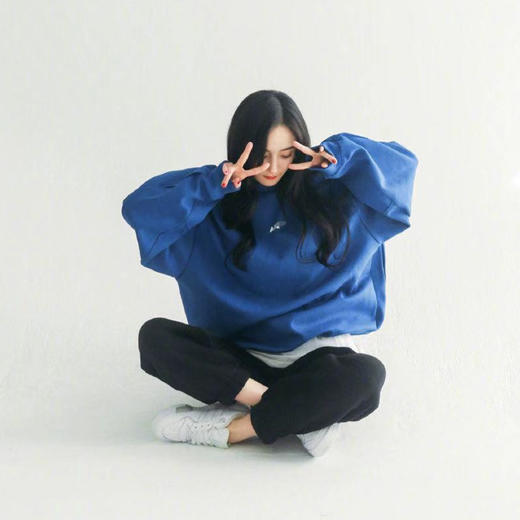 杨幂同款宝蓝色圆领卫衣女宽松中长款bf慵懒风长袖重工上衣潮 商品图3