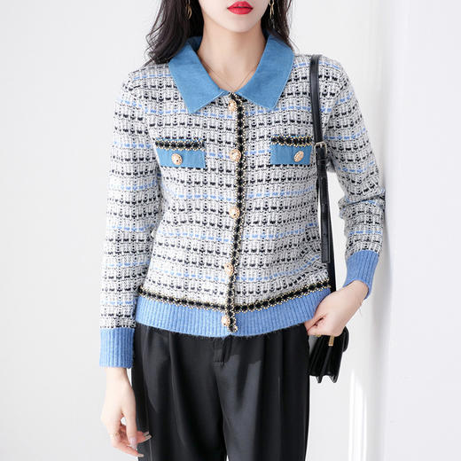 【服饰鞋包】时尚复古风牛仔拼接毛衣外套秋冬季新款女装撞色宽松针织开衫 商品图1