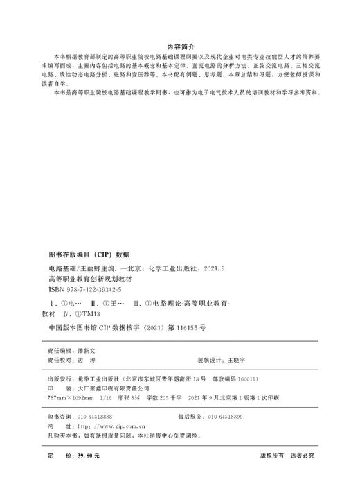 电路基础 王丽卿 电路基本概念 直流电路分析方法 正弦交流电路 线性动态电路分析 磁路和变压器 电子电气技术人员应用技术书籍 商品图2