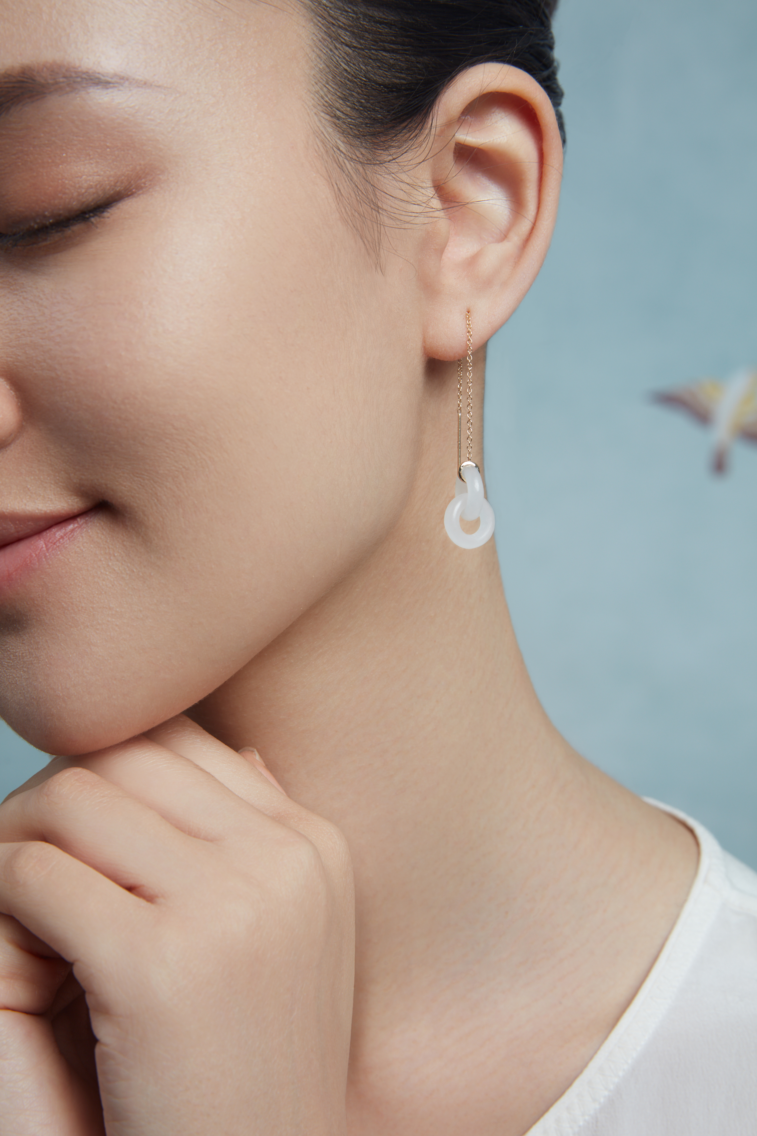 Qinny|寰宇同心｜18K金和田玉同心环 天然白玉黄金耳线