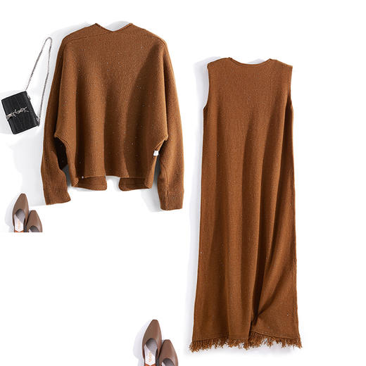 丁摩 全羊毛亮片卷边小开衫上衣外套+V领流苏针织无袖连衣裙两件套套装WX159-6109/6108 商品图8