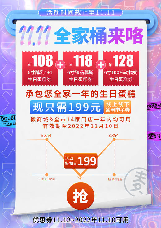 【全家桶套餐】199购3张蛋糕券活动，券到会员中心【券】查看（卡券） 商品图0