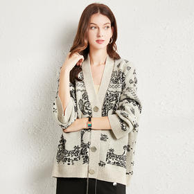 丁摩 全羊毛印花针织毛衣上衣加厚高密重工开衫外套2106WX-146