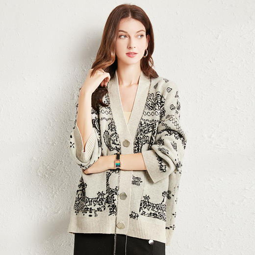 丁摩 全羊毛印花针织毛衣上衣加厚高密重工开衫外套2106WX-146 商品图0