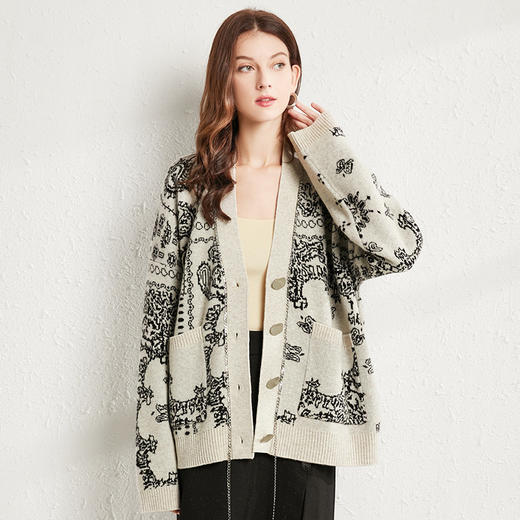 丁摩 全羊毛印花针织毛衣上衣加厚高密重工开衫外套2106WX-146 商品图7