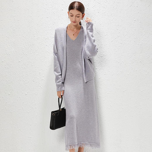 丁摩 全羊毛亮片卷边小开衫上衣外套+V领流苏针织无袖连衣裙两件套套装WX159-6109/6108 商品图2