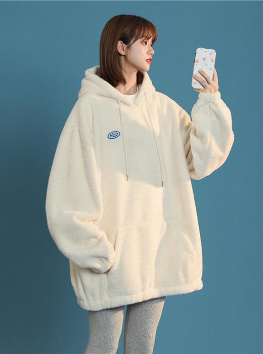 软奶羊羔毛卫衣女秋冬加厚慵懒风外套韩版宽松毛茸茸奶黄色上衣圣诞礼物 商品图2