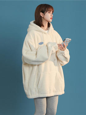 软奶羊羔毛卫衣女秋冬加厚慵懒风外套韩版宽松毛茸茸奶黄色上衣圣诞礼物