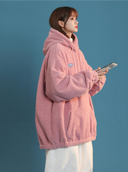 软奶羊羔毛卫衣女秋冬加厚慵懒风外套韩版宽松毛茸茸奶黄色上衣圣诞礼物 商品图3