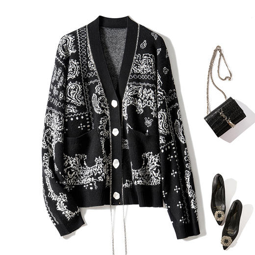 丁摩 全羊毛印花针织毛衣上衣加厚高密重工开衫外套2106WX-146 商品图1