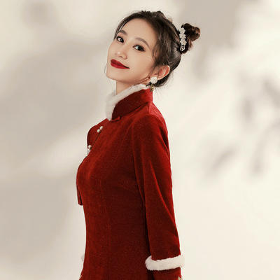 LB1089春花秋月-红色过年加厚改良旗袍2021年新款年轻款名媛中国风冬季民国风复古 商品图1