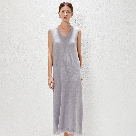 丁摩 全羊毛亮片卷边小开衫上衣外套+V领流苏针织无袖连衣裙两件套套装WX159-6109/6108 商品图4