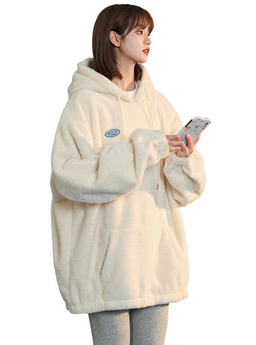 软奶羊羔毛卫衣女秋冬加厚慵懒风外套韩版宽松毛茸茸奶黄色上衣圣诞礼物 商品图4