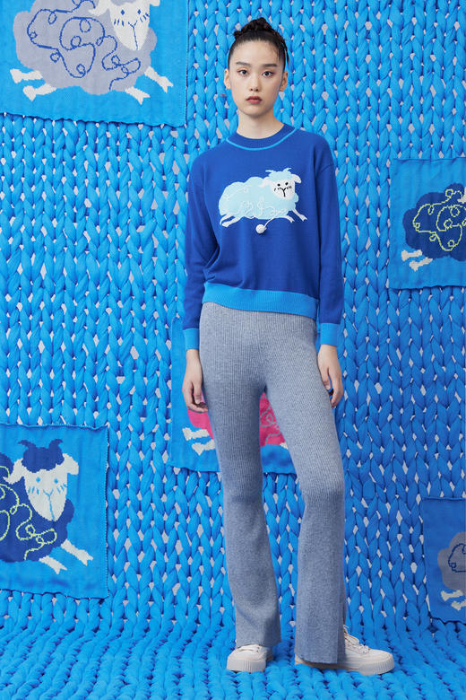  侧开叉撞色针织羊绒喇叭裤 SJF93K302N 商品图3